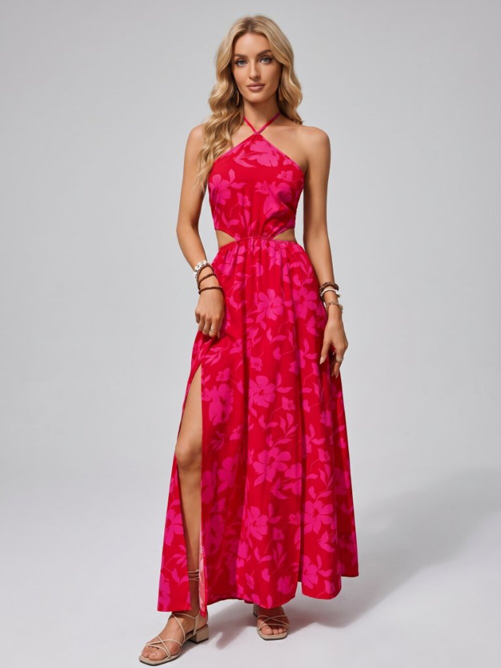 Women's Floral Cut Out Maxi Dress Sleeveless Backless Resort Vacation Boho Chic